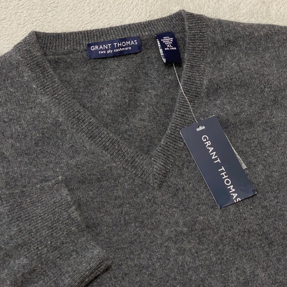 Grant Thomas Sweater Mens XL Charcoal Gray Two Ply Cashmere Sweater V Neck - Picture 1 of 7